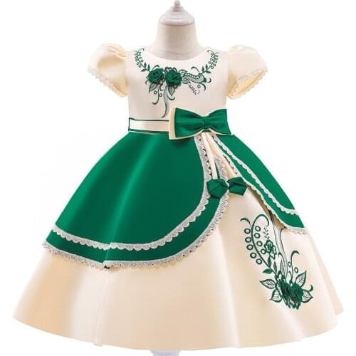 3-10Y Kids Party Dresses Birthday Puffy Princess Dress Girls Piano Performance Dress Short Sleeve Green Flower Girl Dress