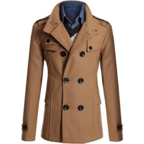 Coat Men Winter Warm lapel Trench Coat Woolen Coat Slim Casual Solid Stand Collar Double Breasted Long Coat