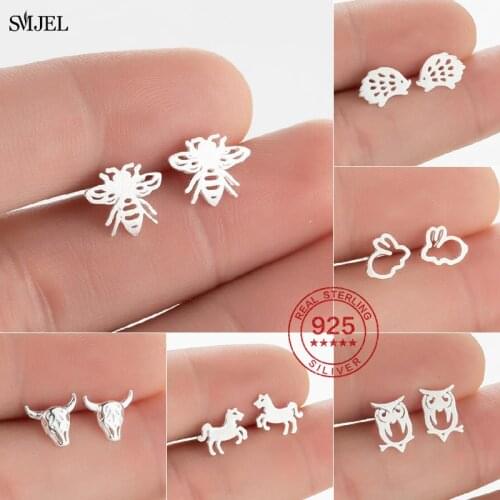 Real 925 Sterling Silver Cute Bee Earrings for Women Trendy Wild Rabbit OX Hedgehog Owll Horse Earrings Child Studs Jewelry S925