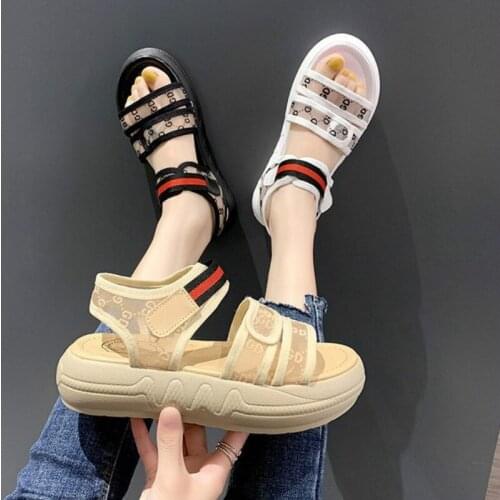 Fashion Women Sandals Casual Hook & Loop Thick Bottom Summer New Gauze Letter Back Strap Flat With Med (3cm-5cm) High Quality