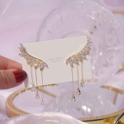 14K Real Gold New Design Big Wings Tassel Water Drop Zircon Earrings Ear Bone Clip Ladies Daily Super Beautiful Wearing Jewelry