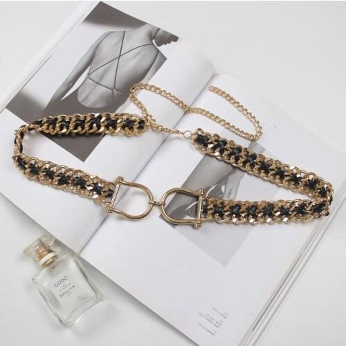 Wide Chain Waist Belt For Women Vintage Weaving PU metallic Waist band large Size Adjustable Suit Dress Belt Femme cinturon 2021