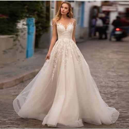 Wedding Dress A-Line V-Neck Off Shoulder Lace Appliques Sequined Backless Tulle Floor Length Sweep Train Bride Gown 2021