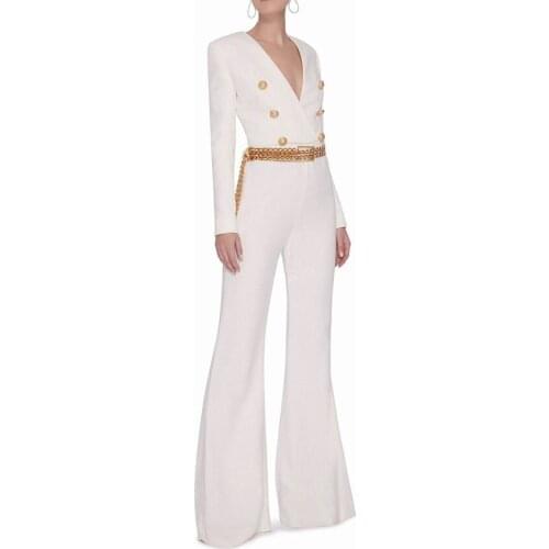 STREET Newest HIGH Fashion 2021 Designer Jumpsuit Womens Lion Buttons Double Breasted Boot Cut Flare Jumpsuit Rompers