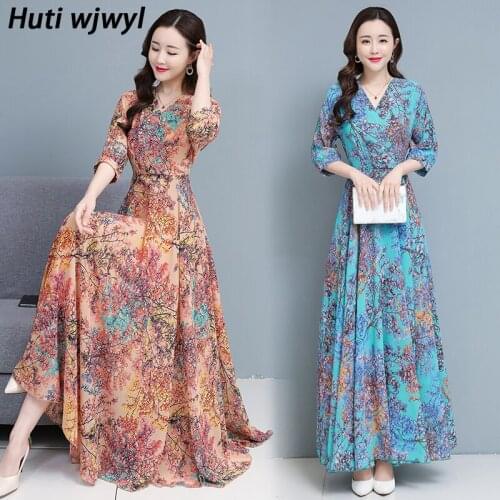 2021 Print Floral Boho Chiffon Beach Long Dress Spring Summer Plus Size Vintage Runway Maxi Dresses Women Bodycon Party Vestidos