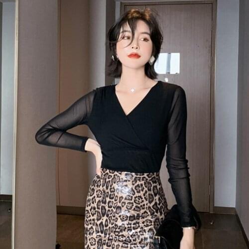 2020 Elegant Black Mesh Tshirt Party Bodycon Bandage Stretch Tee Femme Spring Women Ladies Vintage Long Sleeve V Neck Crop Top