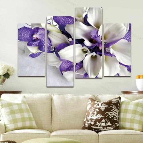 4 Panels Purple&white Iris Wall Art Canvas Painting Nordic Floral Poster Home Decor for Livingroom Decoration