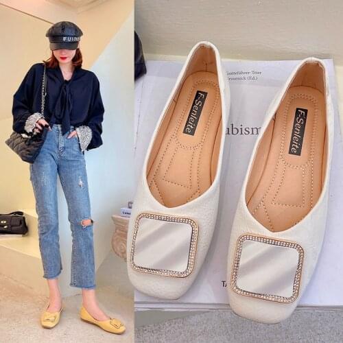 New Spring Autumn Flats Shoes Women Low Heel Ballet Square Toe Shallow Brand Slip On Loafers Zapatos De Mujer Rhinestone