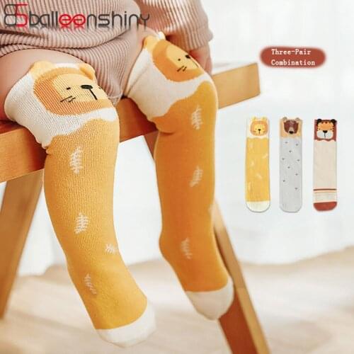 Balleenshiny 3pairs Cartoon Animals Baby Sock for Girl Boy Little Lion Rabbit Fox Kids Sock Cotton Knee High Infant Toddler Sock