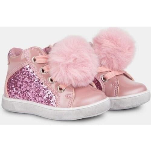 Glitter baby girl booties with teddy bear pompom by Conguitos
