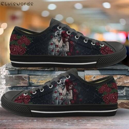 ELVISWORDS Gothic Skull Girl 3D Print Canvas Shoes Comfortable Mesh Vulcanized Shoes for Ladies Lightweight Low Top Flat Shoes