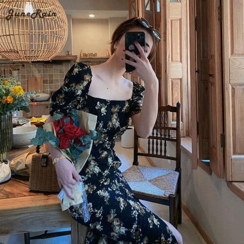 JuneRain Vintage Floral Print Boho Dress Women Drawstring Split Square Collar Midi Dress Elegant Ladies Short Sleeve Vestidos