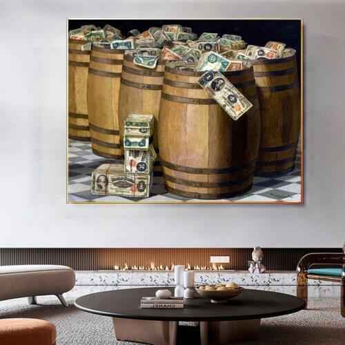 Retro Canvas Painting Money Dollar Currency Wall Art Wooden Wine Barrel Poster Print Wall Picture for Living Room Home Decor