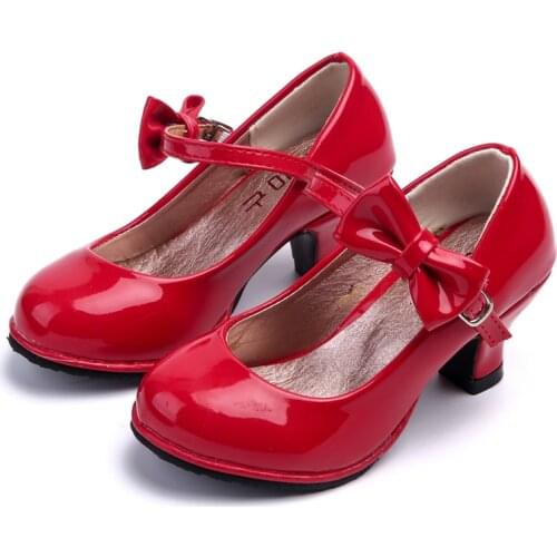 Four Seasons Hot Princess Leather Dance Kids Shoes For Girls Party Bow Shoes Shiny Solid Red Color High-Heeled Fashion Leather