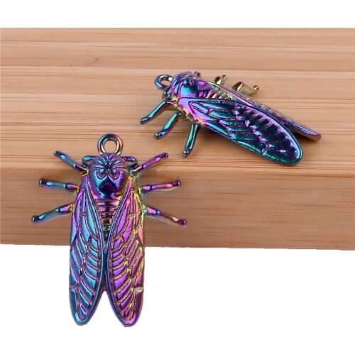 15Pcs Rainbow ColorAnimal Cicada Pendant Metal DIY Charms Pendant Necklaces Jewelry Making Findings 23604