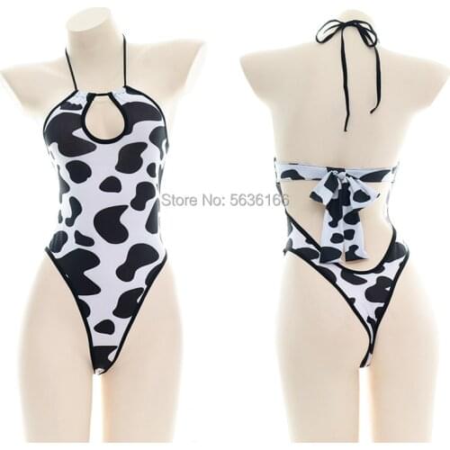 Kawaii Black White Cow Print Mini One Piece Micro Bikini Jumpsuit Erotic Sex Costumes Bodysuit for Women Sexy Lingerie