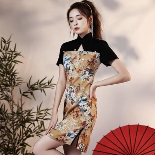 Traditional Chinese Style Cheongsam Mini Dresses Female Oriental Qipao Dresses Retro Slim Evening Party Gown Ladies Dresses
