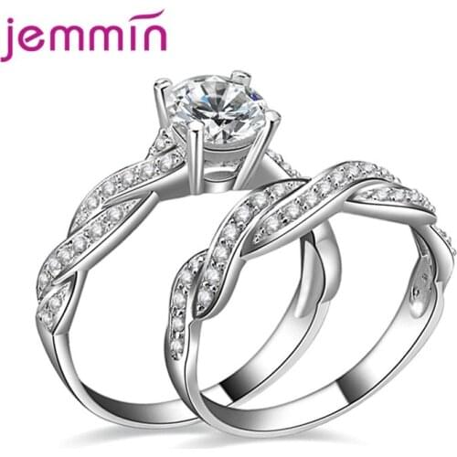 Trendy Clear Crystal 925 Sterling Silver Bridal Sets Rings Wedding Rings Set Band For Women Lovers Valentines Day Jewelry