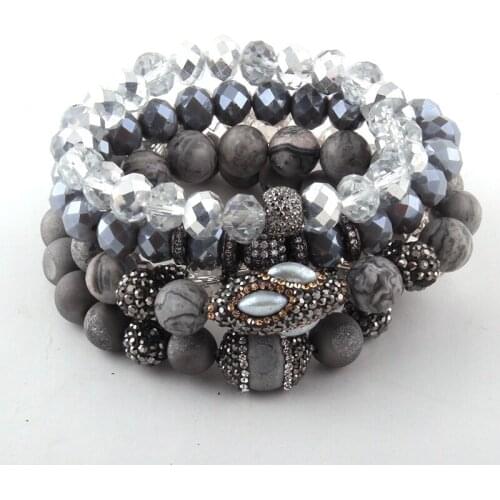 MOODPC Fashion Beautiful 5pc set Gray/White/Black Bracelet Set Natural Stone & Glass Crystal Pave Bracelets