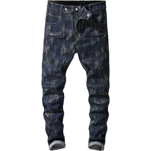 Sokotoo Mens dark blue stretch denim biker jeans for motorcyle Plus size slim pants