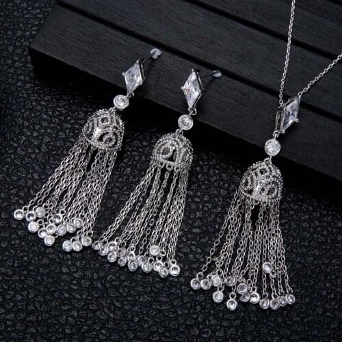 Zlxgirl jewelry New arrival womens Copper Chain longer pendant and Earring jewelry sets AAA zirconia bridal necklace sets