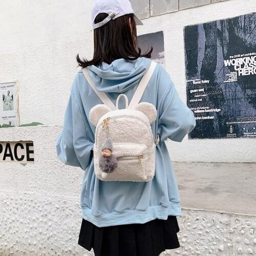 Solid Color Bear Ears Furry Backpack For Girls 2021 Autum/Winter New Kawaii Backpack Plush Cute Faux Fur Women Shoulders Bag