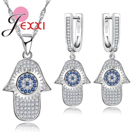 Nice Sterling Silver 925 Jewelry Gift Set AAA Crystal Blue Evil Eye Drop Earrings and Necklace Party Accessories