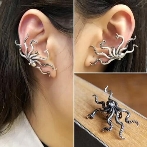 No Ear Hole 100% Real 925 Silver Earrings Octopus Shaped Ear Cuff Punk Rock Retro Clip Earring Vintage Animal Jewelry