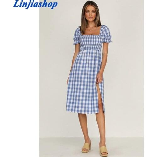 Chic summer plaid dress women Fashion ruff sleeve Elastic waist beach dress female clothing Vintage casual dress