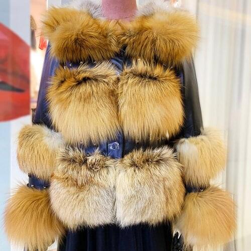 Maylofuer 100% Real Silver Fox Fur Coat Red Fox Fur Coat Women Genuine Sheepskin Leather Jacket O-neck Full Pelt