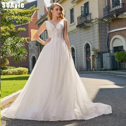 SoAyle #J21 Shinny Full Lace A Line Wedding Dress V-Neck Sleeveless Wedding Gown Plus Size Vestido De Novia