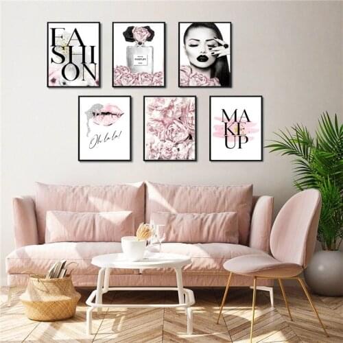 Modern Girl Room Home Decoration Silver Lips Makeup Print Canvas Art Painting Pink Flower Perfume Fashion Lady Poster Decoration
