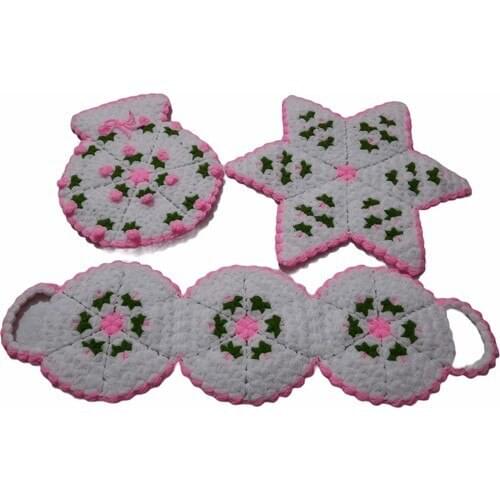 Hibi Hand-Knitted Bathroom Fiber-3'lü Set Pink White Green