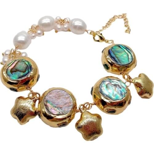 Y·YING Cultured White Rice Pearl Rainbow Color Abalone Shell Wrap Bracelet 8"