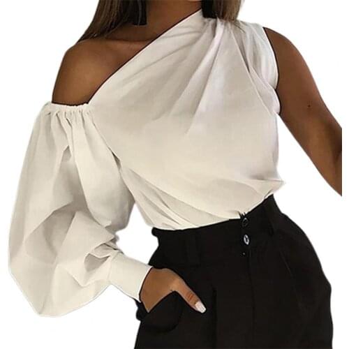 Women Blouse Asymmetric Single Lantern Sleeve Top Solid Color Slash Neck Off Shoulder Shirt Streetwear