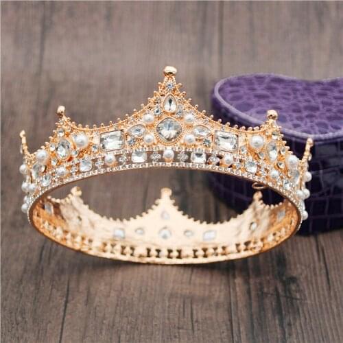 2020 Big Metal Gold Colors Crystal Pearls Wedding Crown Royal Queen King Diadem Fashion Tiaras and Crowns Bridal Hair Jewelry