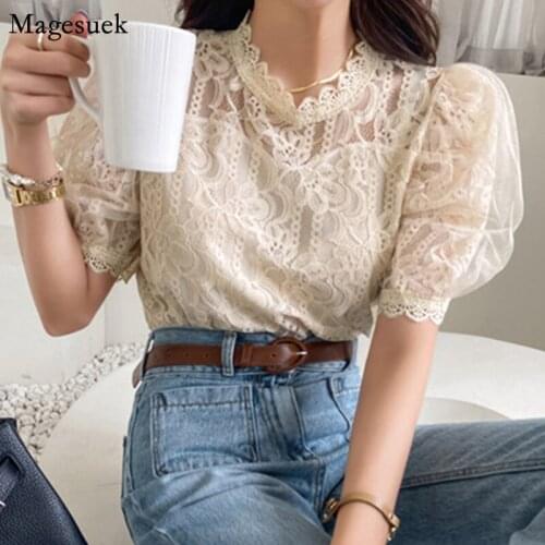 Sweet Korean Retro Puff Short Sleeve Lace Shirt Women Stand Collar Mesh Crochet Tops Women Summer Fashion Ladies Blouses 14807