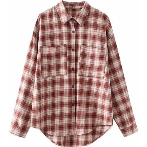 2021 Womens Fashion Neutral Minimalist Wind Lapel Single Row Buttons Dark Brown Plaid Double Pocket Loose Shirt Female