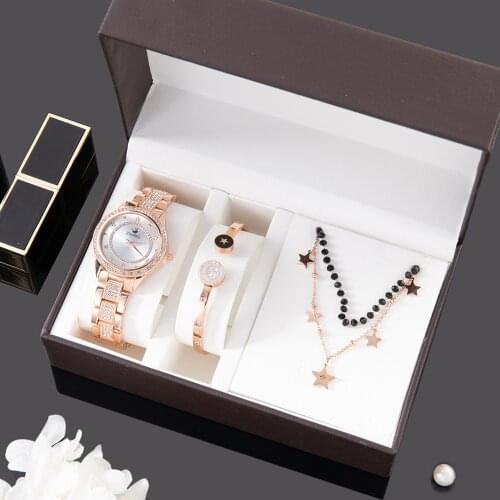 Women Watches Bracelet Necklace Set Luxury Lady Diamond Wristwatch 3 Pcs Sets Titanium Bracelets Necklaces Gifts For Women Mom