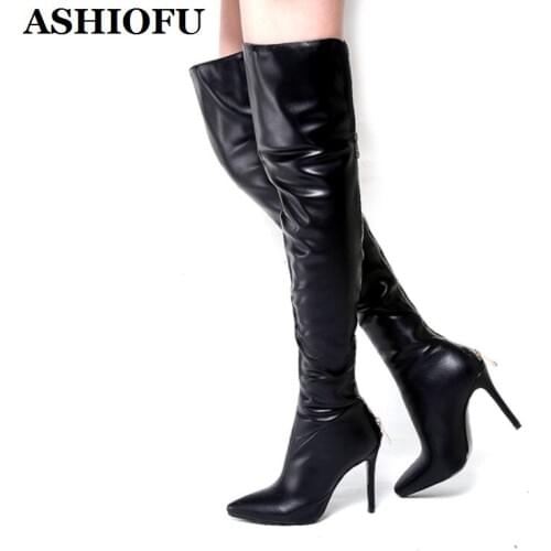 ASHIOFU New European&American Womens High Heel Boots Back-zipper Over-the-knee Boots Winter Evening Fashion Long Boots Shoes