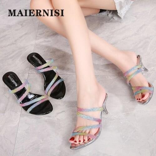 MAIERMISI Slippers Women 2020 Summer Crystal High Heels Color Tape Thin Heels Slides Non-slip Rubber Sole Casual Shopping shoes