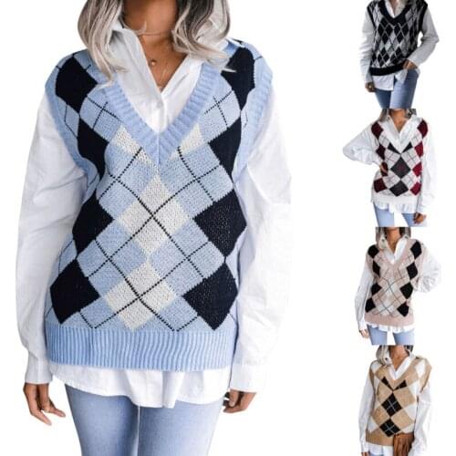 Women Color Block Knit Vest, Adults Casual Sleeveless Argyle Pattern V-neck Sweater Spring Autumn