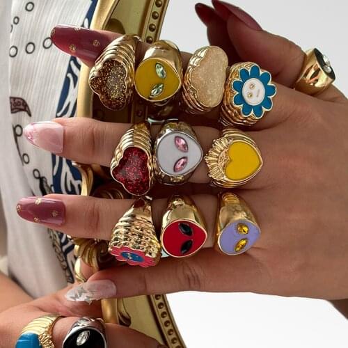 2Pcs/Set Punk Smile Face Enamel Flower Thick Rings Shiny Clouds Heart Alien Rings Set For Women New Creative Jewelry Party Gifts