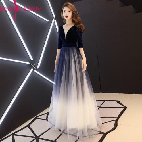 2020 Elegant V Neck Gradient Color Evening Dress Long Charming Lace Half Sleeve Navy Blue Evening Gowns for Women Real Photo