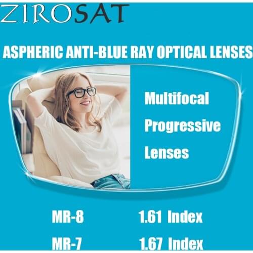 ZIROSAT Aspheric Anti-Blue Ray MR-8 1.61index Super Tough Optical Glasses Multifocal Progressive Blue Ray Blocking for Rimless