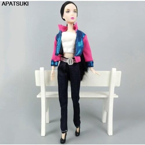 1Set Fashion Outfits For Barbie Doll Pink Blue Coat Jeans Pants Short Top Handmade Clothes For Barbie Dollhouse Accessories