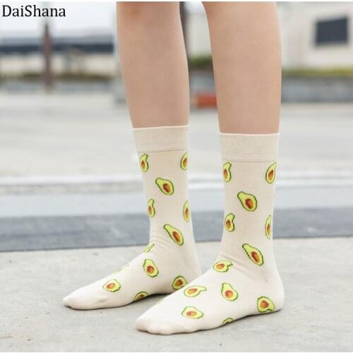 1Pairs Women Socks Funny Cute Cartoon Fruits Banana Avocado Lemon Egg Cookie Donuts Food Happy Colorful Novelty Skateboard Socks