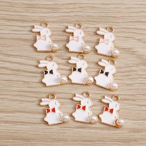 10pcs 12*15mm 3 Color Cute Rabbit Charms for Necklaces Pendants Earrings Enamel Circle Pearl Ball Charms Handmade DIY Jewelry