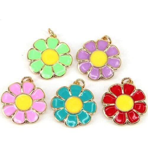 10Pcs,New Arrival Fashion Brass Enamel High Quality Pink Blue Purple Green Red Color Enamel Sunflower Pendant Charms