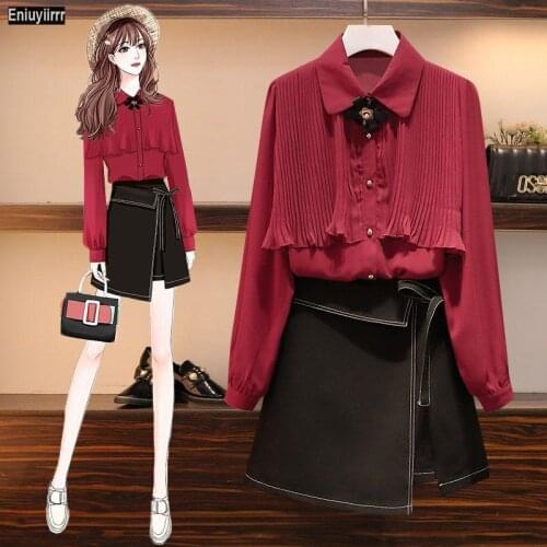 2021 New Year Cute Girls Womens Solid Color Office Lady Ruffled Blouses Formal Button Red White Shirt Ribbon Bow Tie Tops
